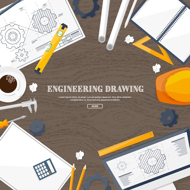 Ilustración vectorial, ingeniería y dibujo arquitectónico, construcción, diseño de proyectos arquitectónicos