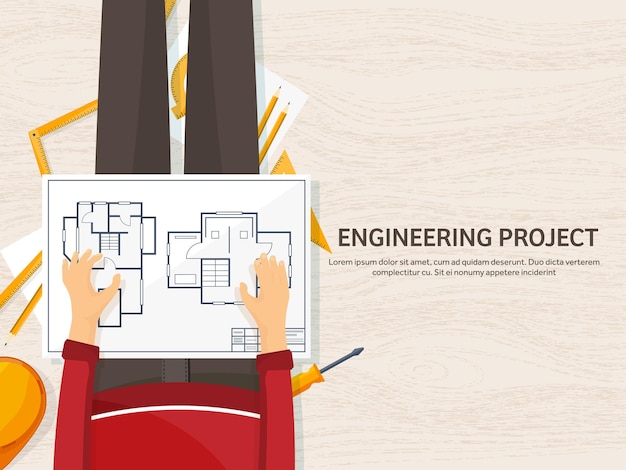 Ilustración vectorial, ingeniería y dibujo arquitectónico, construcción, diseño de proyectos arquitectónicos