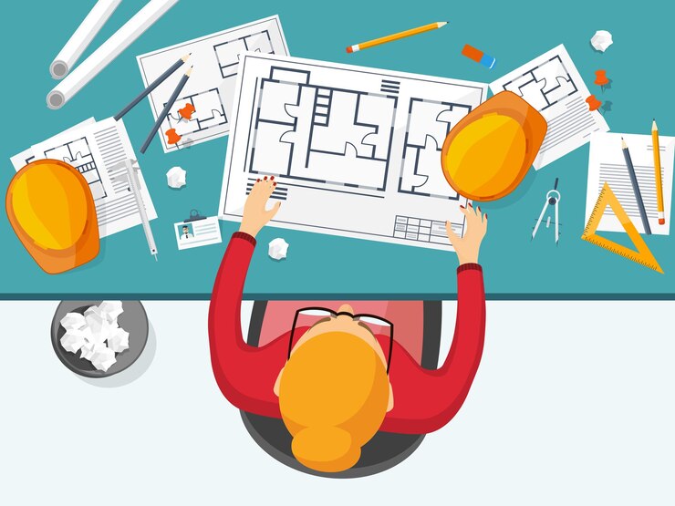 Vector ilustración vectorial, ingeniería y dibujo arquitectónico, construcción, diseño de proyectos arquitectónicos