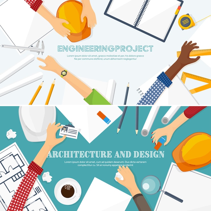 Vector ilustración vectorial, ingeniería y dibujo arquitectónico, construcción, diseño de proyectos arquitectónicos
