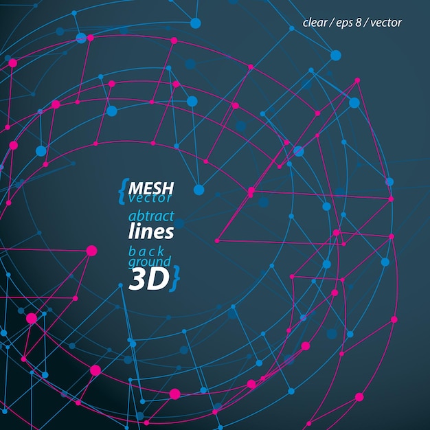Ilustración vectorial de ingeniería eps 8 clara, símbolo de malla 3D, signo de bucle de wireframe con líneas magenta y puntos aislados en un fondo oscuro.