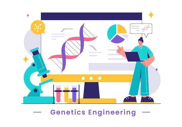 Ilustración vectorial de la ingeniería genética y las modificaciones del ADN con científicos de investigación o experimentación genética en un fondo plano de estilo de dibujos animados