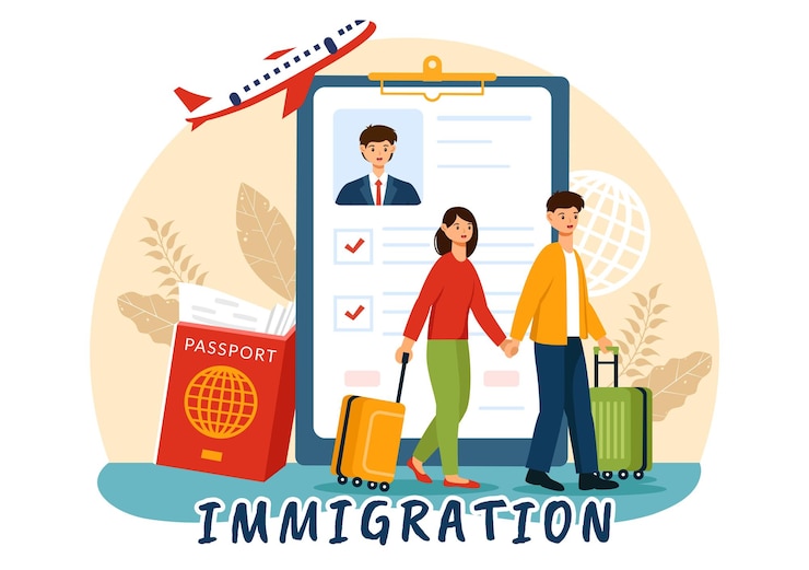 Vector ilustración vectorial de inmigración movimiento de personas con documento, visado y pasaporte para trasladarse a otro país en un fondo plano de dibujos animados