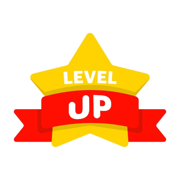 Ilustración vectorial de una insignia vectorial brillante y en negrita con las palabras Level Up a través de las estrellas