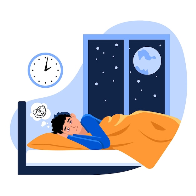 Ilustración vectorial de insomnio depresión escena de dibujos animados con un tipo que no puede dormir por la noche sobre fondo blanco
