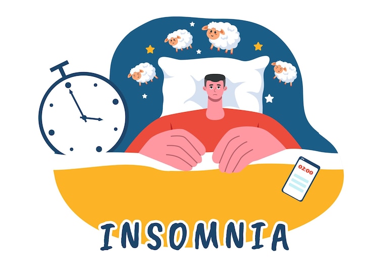 Vector ilustración vectorial de insomnio con jóvenes incapaces de dormir acostados despiertos y pensando con los ojos abiertos por la noche en un dormitorio en una caricatura plana