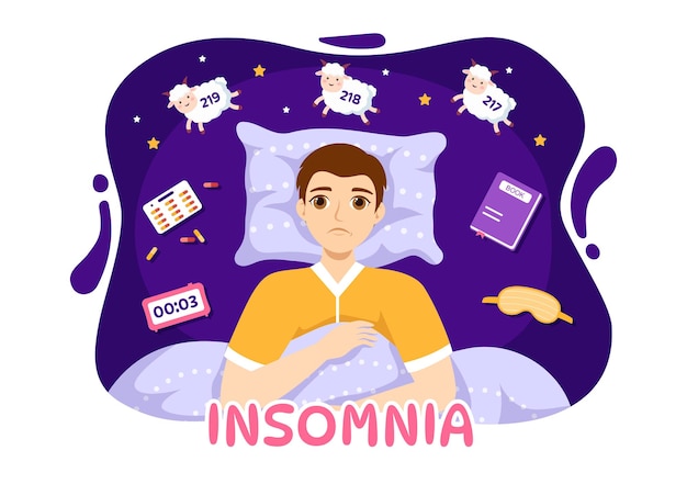 Ilustración vectorial de insomnio con jóvenes que no pueden dormir y ojos abiertos en el dormitorio nocturno