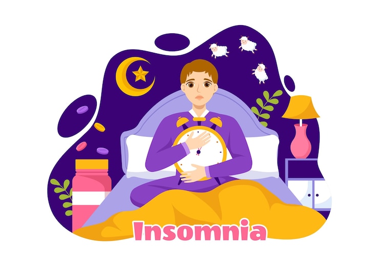 Vector ilustración vectorial de insomnio con jóvenes que no pueden dormir y ojos abiertos en el dormitorio nocturno