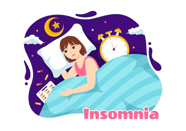Ilustración vectorial de insomnio con jóvenes que no pueden dormir y ojos abiertos en el dormitorio nocturno
