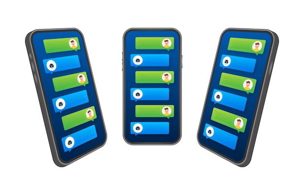Ilustración vectorial de la interfaz de chatbot en el teléfono inteligente con burbujas de conversación y avatares de usuario para