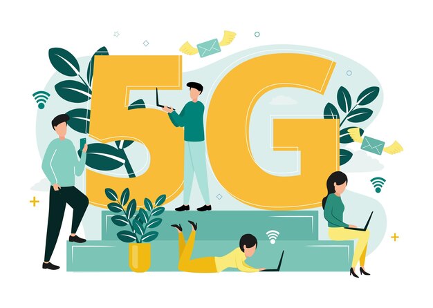 Vector ilustración vectorial de internet 5g hombres con smartphone y netbook y mujeres con computadoras portátiles cerca de la letra g y números 5 en el fondo de sobres de iconos de red para plantas de letras