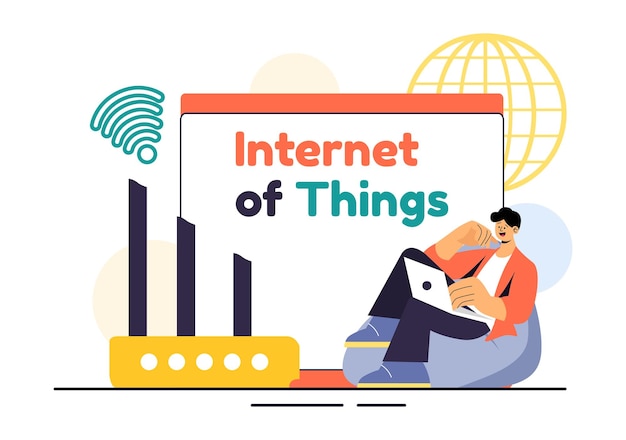 Ilustración vectorial de Internet de las Cosas IoT con dispositivos de conexión y control inteligentes de tecnología en una red para la industria con acceso a Internet