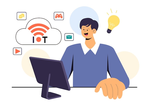 Ilustración vectorial de Internet de las Cosas IoT con dispositivos de conexión y control inteligentes de tecnología en una red para la industria con acceso a Internet