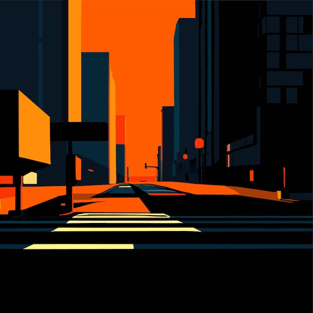 Vector ilustración vectorial de la intersección de la calle de la ciudad con la acera por la noche