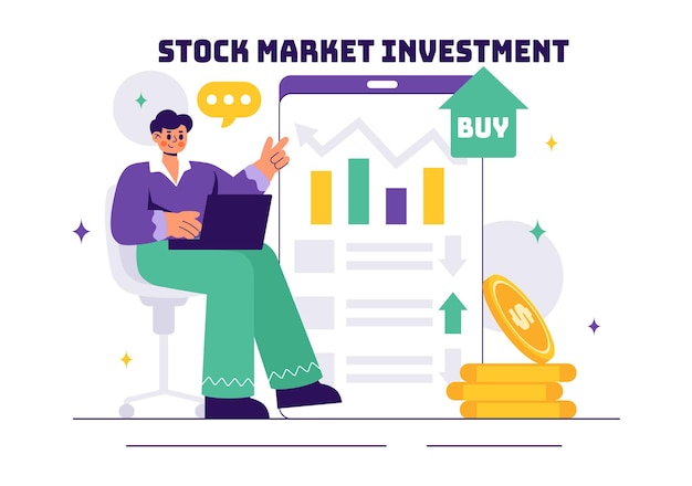 Ilustración vectorial de inversión en el mercado de valores con crecimiento empresarial, inversión financiera y análisis de mercado con flechas ascendentes y candelabro