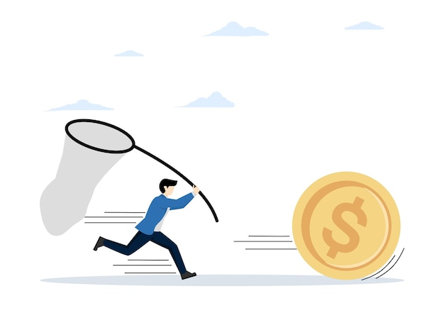 ilustración vectorial de inversores persiguiendo y tratando de atrapar monedas de dólar atractivas de alto rendimiento