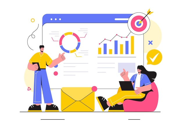 Ilustración vectorial de investigación y análisis de mercado con gestión y análisis de equipos para crear estadísticas de datos en un fondo de dibujos animados de estilo plano