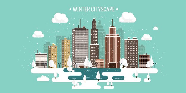 Ilustración vectorial de invierno paisaje urbano ciudad con nieve navidad y año nuevo paisaje urbano con