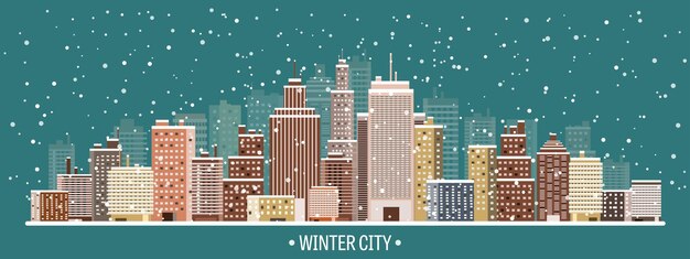 Ilustración vectorial de invierno paisaje urbano ciudad con nieve Navidad y año nuevo paisaje urbano con