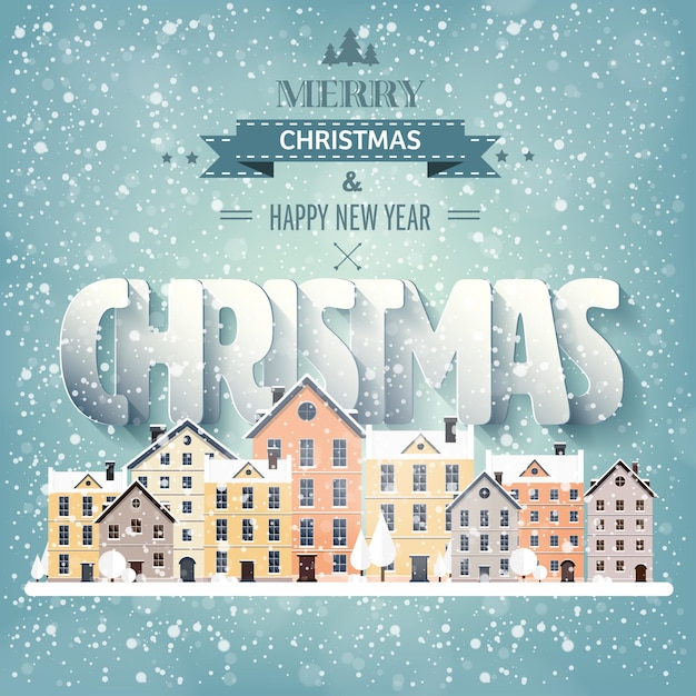 Ilustración vectorial de invierno paisaje urbano ciudad con nieve navidad y año nuevo paisaje urbano con