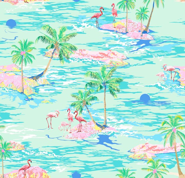 Ilustración vectorial de la isla de Flamingos Tropicales de Hawai Patrón sin costuras en papel tapiz de fondo amarillo.