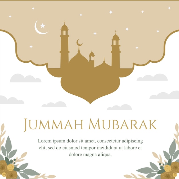 Ilustración vectorial islámica de jumma mubarak con silueta de mezquita en fondo de pancarta blanca y dorada