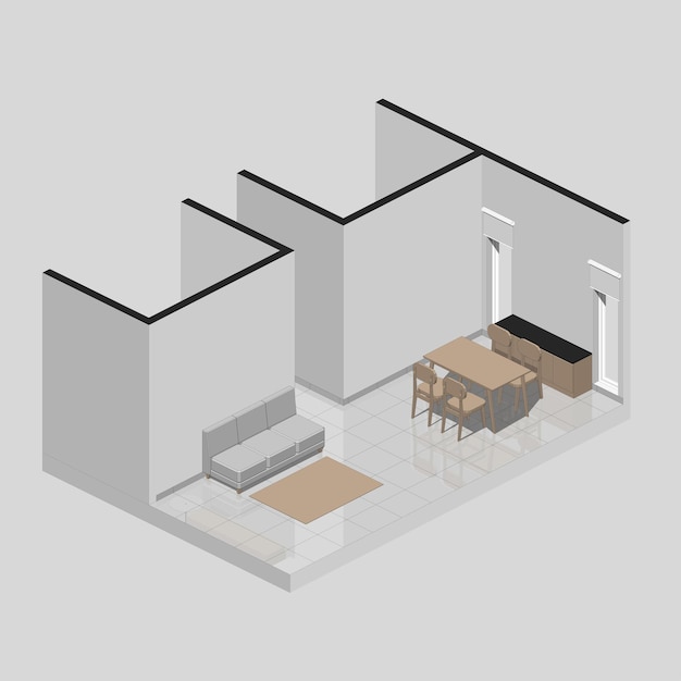 Vector ilustración vectorial isométrica 3d de una sala de estar y comedor de una casa