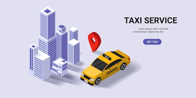 Ilustración vectorial isométrica 3d del servicio de taxi con mapas y navegación Taxicab Consigue un taxi Compartir automóviles Ciudad Pín de ubicación Viaje Concepto para pedir Servicio en línea de taxi Página de aterrizaje Web