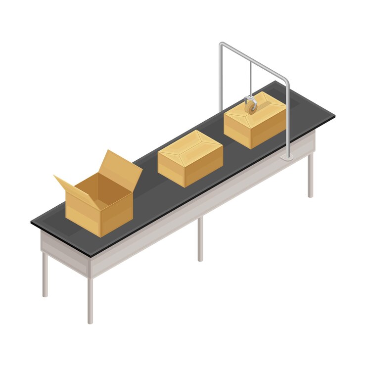 Vector ilustración vectorial isométrica de cajas de cartón apoyadas en una cinta transportadora personalizada o de almacén