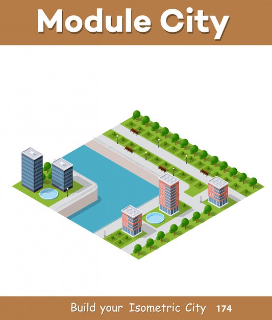 Ilustración vectorial isométrica de una ciudad moderna