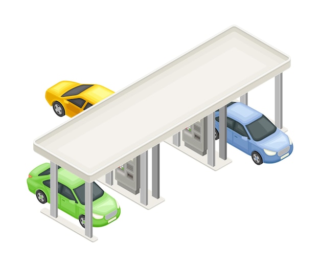 Ilustración vectorial isométrica de la estación de servicio de gasolina como carga de combustible para automóviles y vehículos de motor