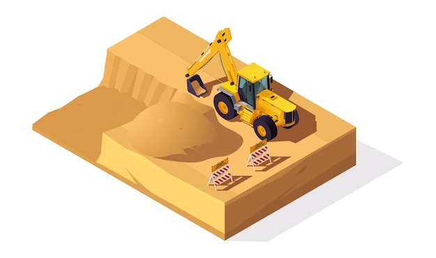 Vector ilustración vectorial isométrica de una excavadora en un sitio de construcción contra un fondo blanco que representa maquinaria industrial en acción ilustración vectoria
