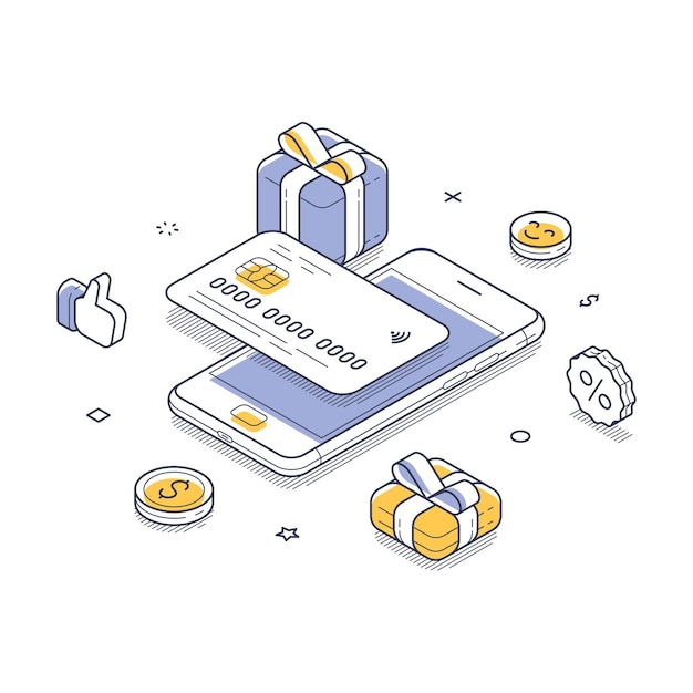 Ilustración vectorial isométrica moderna de compras en línea con regalos y métodos de pago