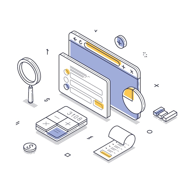 Ilustración vectorial isométrica moderna de herramientas digitales de finanzas y contabilidad en un entorno de espacio de trabajo
