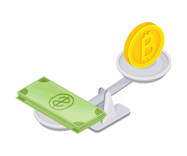Ilustración vectorial isométrica de monedas de oro Bitcoin y billetes de dólar en equilibrio en escalas