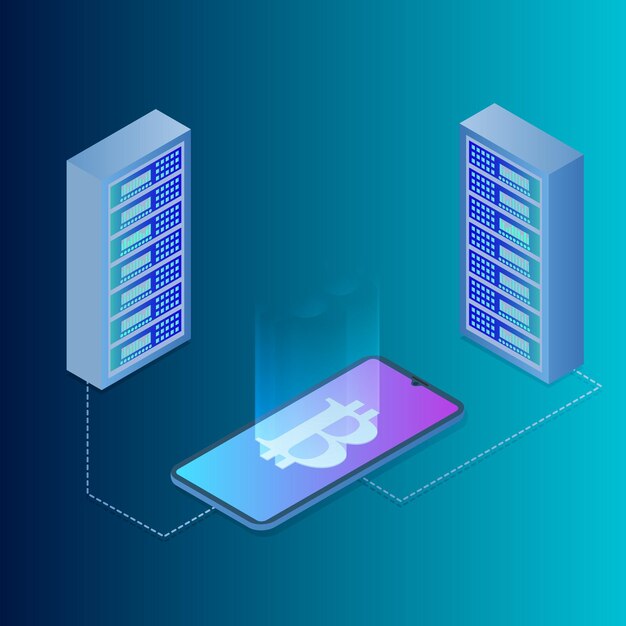 Ilustración vectorial isométrica de la producción de bitcoinCriptomoneda y la tecnología de producción
