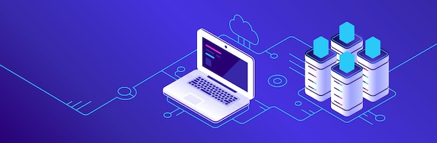 Ilustración vectorial isométrica que representa la computación en la nube con computadora portátil conectada al servidor y la nube ideal para conceptos de tecnología e Internet