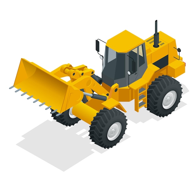 Vector ilustración vectorial isométrica tractor bulldozer amarillo, máquina de construcción, bulldozer aislado en blanco. cargador de ruedas amarillo, vehículo industrial. camión neumático. equipo de fabricación.