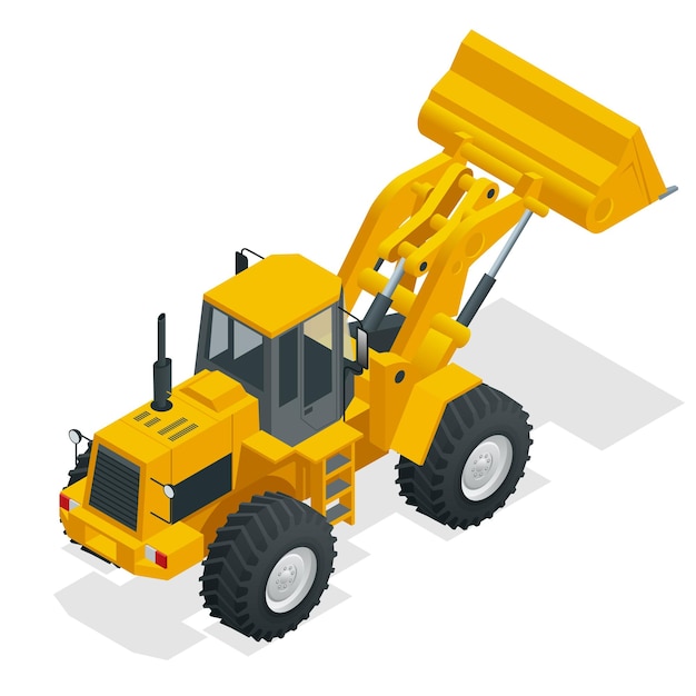 Ilustración vectorial isométrica tractor bulldozer amarillo, máquina de construcción, bulldozer aislado en blanco. Cargador de ruedas amarillo, vehículo industrial. Camión Neumático. Equipo de fabricación.