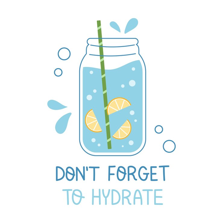 Vector ilustración vectorial con jarra de agua con rodajas de limón gotas de agua y burbujas no olvides hidratarte diseño de carteles o pancartas