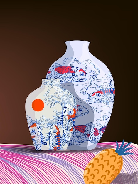 Ilustración vectorial de jarrón de cerámica china Taza de flores cerámica antigua con adorno