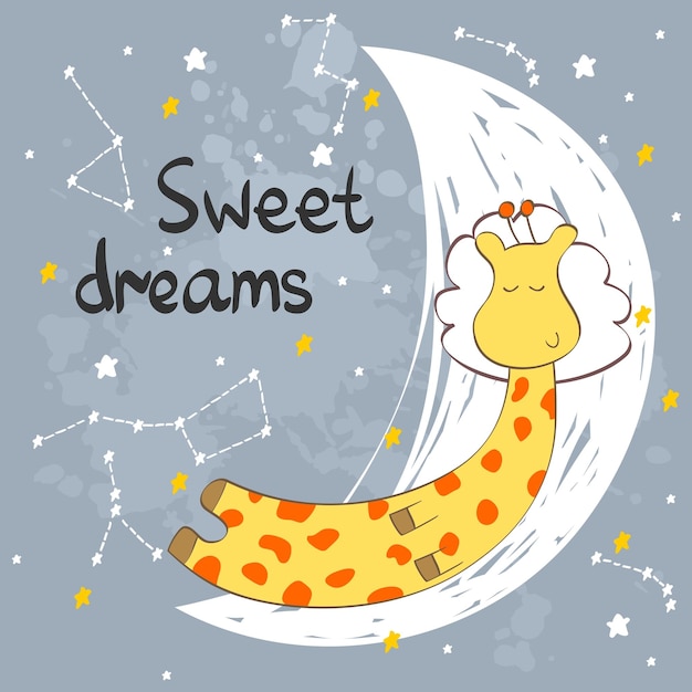 Ilustración vectorial con jirafa graciosa y luna Sueños dulces