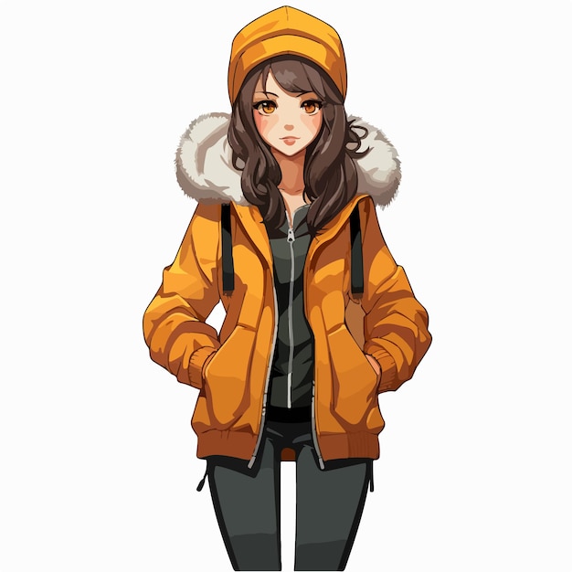 Vector ilustración vectorial de una joven anime hermosa mujer joven con una ilustración de vector de abrigo de otoño