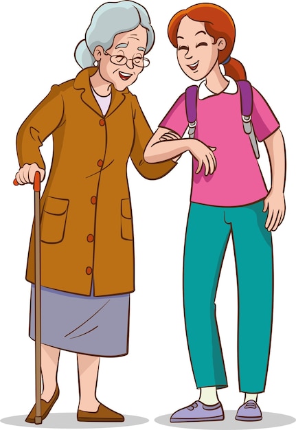 Ilustración vectorial de una joven ayudando a una anciana a caminar