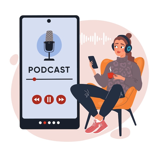 Ilustración vectorial de una joven escuchando un podcast en su teléfono inteligente mientras se relaja en un