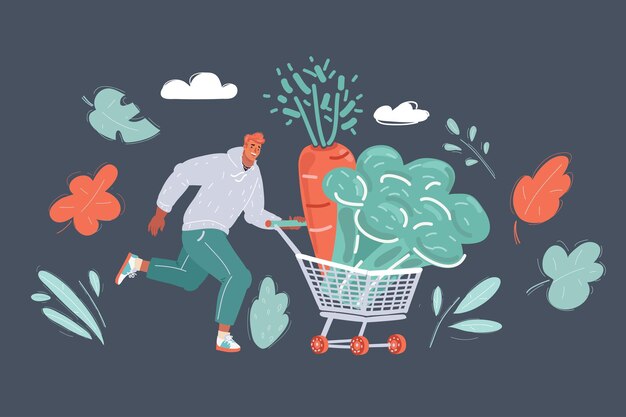 Ilustración vectorial de una joven feliz que corre a casa con carros de compras llenos de comestibles veganos, comida saludable y grandes verduras en un fondo oscuro.