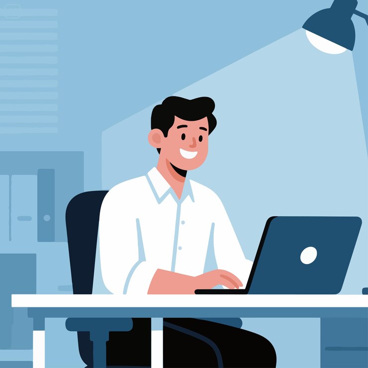 Vector ilustración vectorial de un joven feliz en el trabajo con un fondo plano simple y minimalista