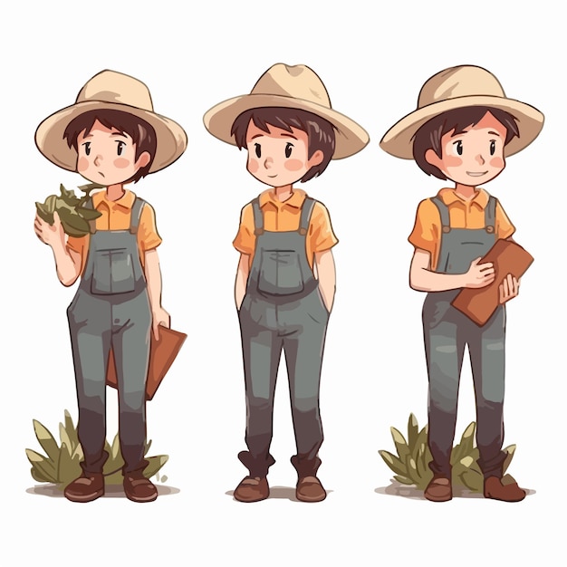 Ilustración vectorial de un joven granjero vestido para la pose de dibujos animados agrícolas