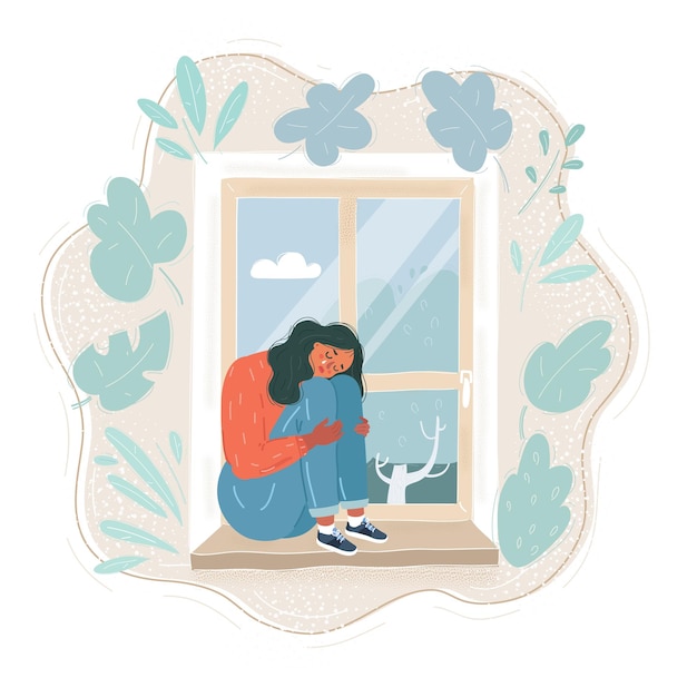 Vector ilustración vectorial de una joven linda sentada en el alféizar de la ventana