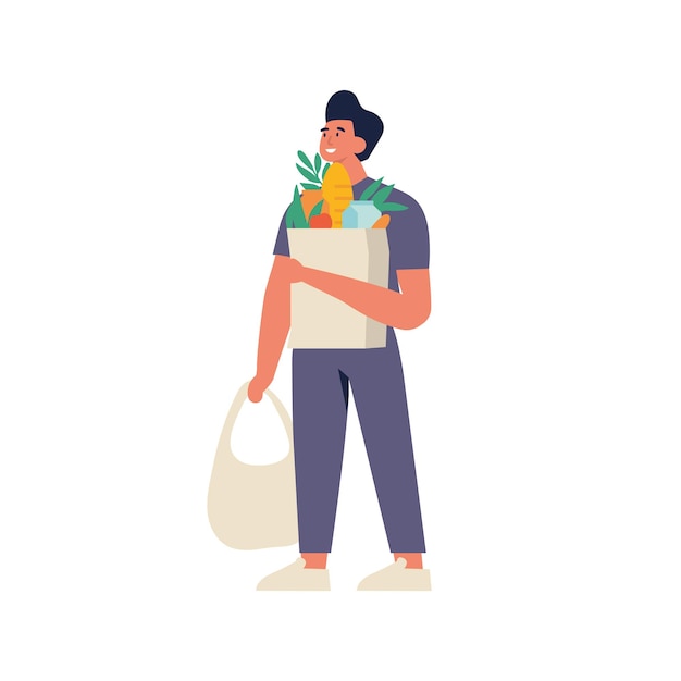 Ilustración vectorial joven lleva bolsas ecológicas con compras. Preocupación por el medio ambiente. Compras ecológicas.